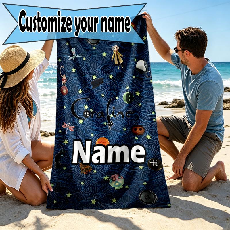 Custom Name Personalized Coraline Print Beach Towel, for Trip Camping Beach Party Home Decor, Birthday Gift for Family & Friends