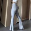 Women Flared Pants Elastic High Waist Solid Color Long Pants Ribbed Texture Yoga Running Cycling Trousers