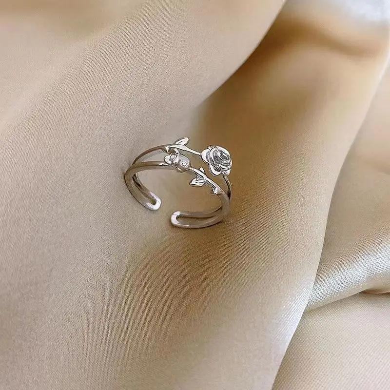 Fashion Goth Double Layer Rose Couple Rings for Men Women Retro Opening Stainless Steel Thorns Punk Finger Ring Jewelry Y2k Gift