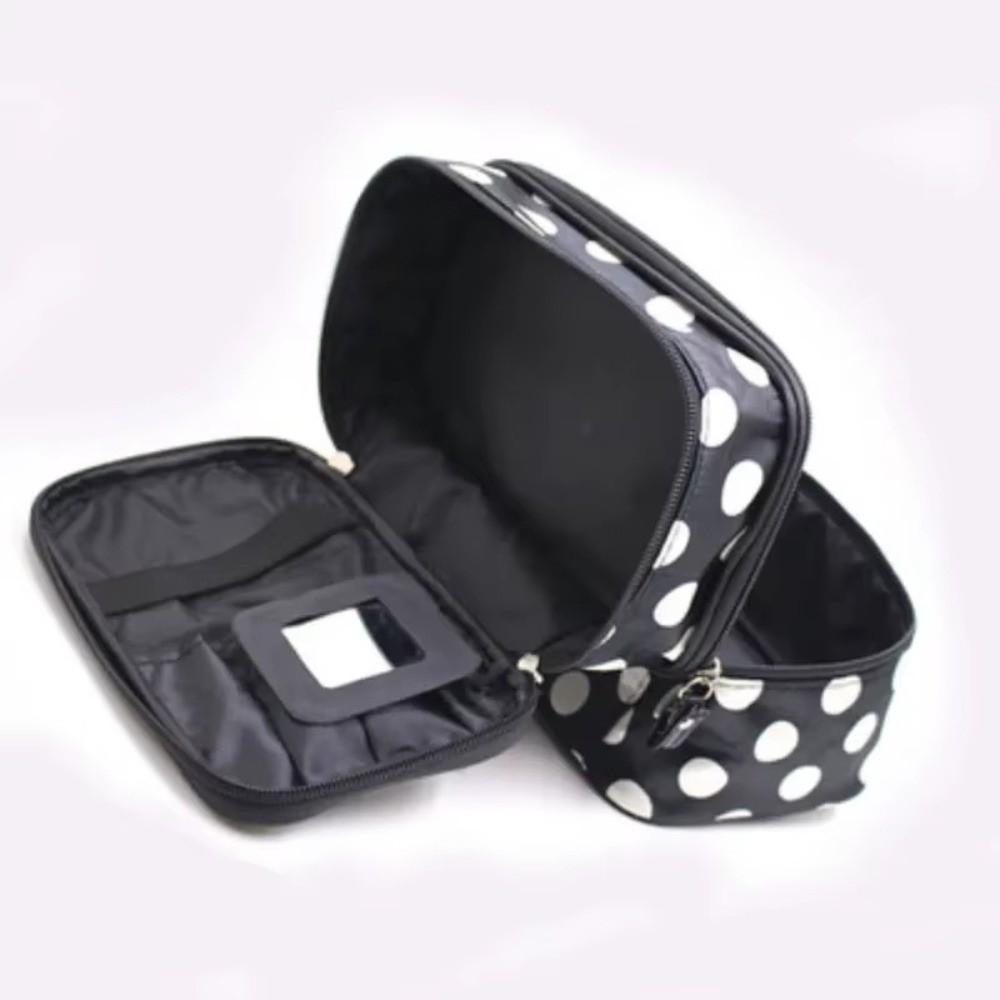New Double-layer Makeup Bag Polka Dots Portable Travel Makeup Case Large Capacity Travel Toiletries Organizer