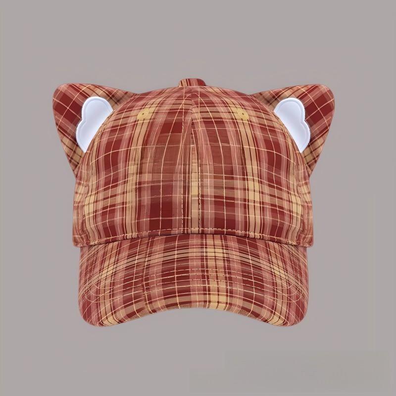 

Cotton Checkered Cat Ear Embroidered Baseball Cap With Sun Protection For Women бордовый