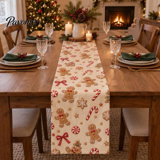 Holiday Table Linen Christmas Flower Runner, Holly Berries Dining Decor, Poinsettia Gingerbread Gift for Friends Man Festive Runner Party Decor Indoor