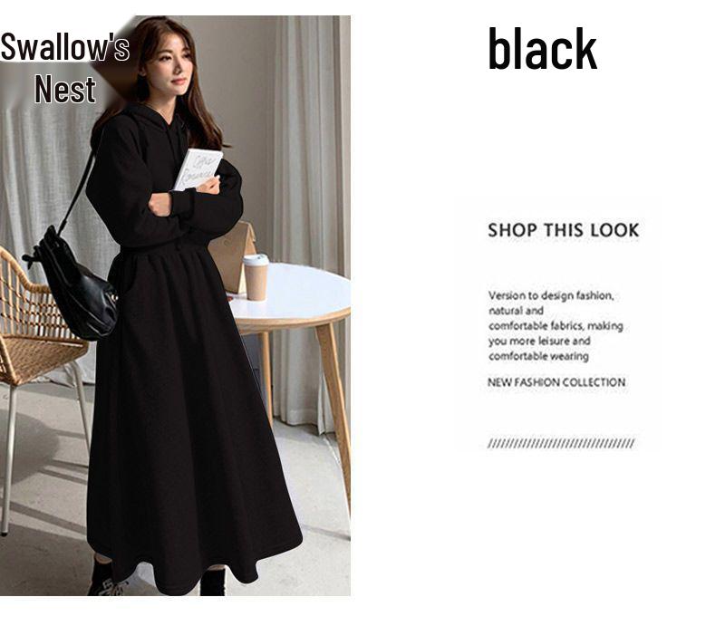 Autumn & Winter Plus Velvet Hoodie Dress: Ankle-Length, Waist-Cinched, Plus Size, Slimming Fit for Super Fairy Students