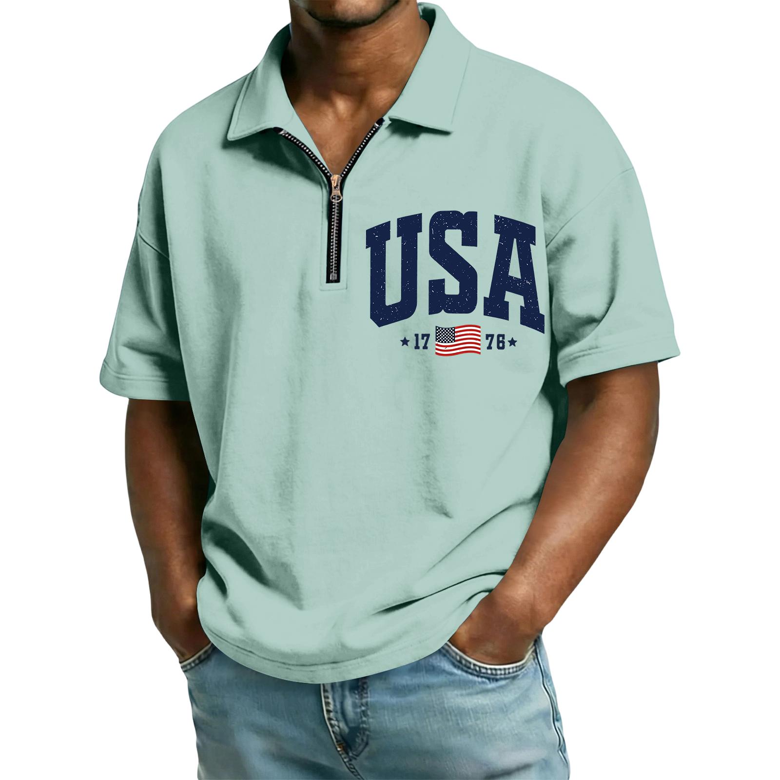 

Men s Collared Short Sleeve , Independence Day Flag Letter Print Loose Casual Summer Tops M ціан