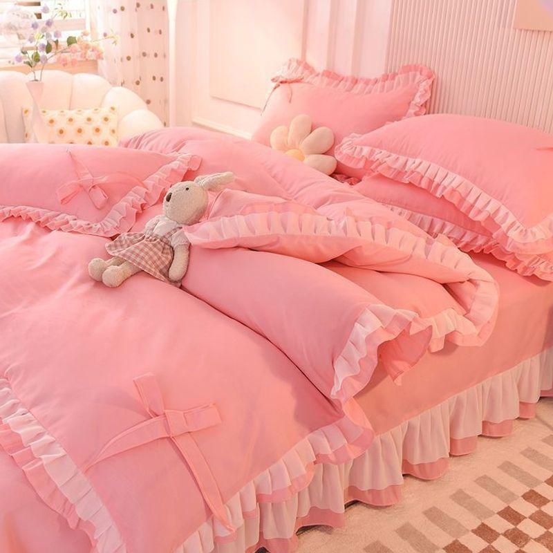 Korean Princess-Style Lace Trim Bedding Set - Brushed Four-Piece for Spring/Autumn