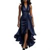 Women Sleeveless V Neck Halter Tie Waist Ruffle Satin High Low Prom Midi Dress Wedding Guest Party Cocktail Dress