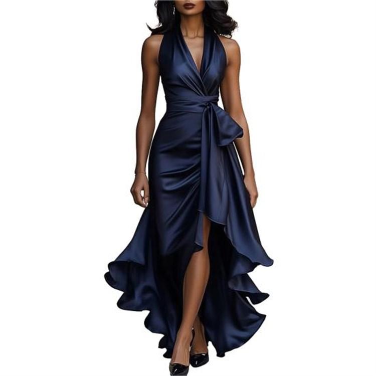 Women Sleeveless V Neck Halter Tie Waist Ruffle Satin High Low Prom Midi Dress Wedding Guest Party Cocktail Dress