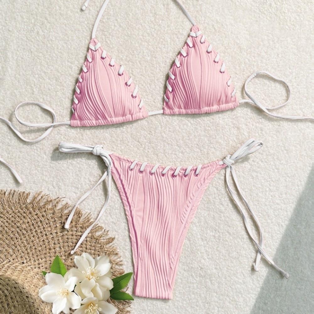 Lace Up Bikini Suit Ruffled Halter Neck Sling Swimsuit Fashion Swimwear Set  Swimming Pool