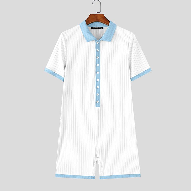 INCERUN Salopetă casual cu mânecă scurtă pentru bărbați, cu nasturi, tricotată nervurată, bodycon