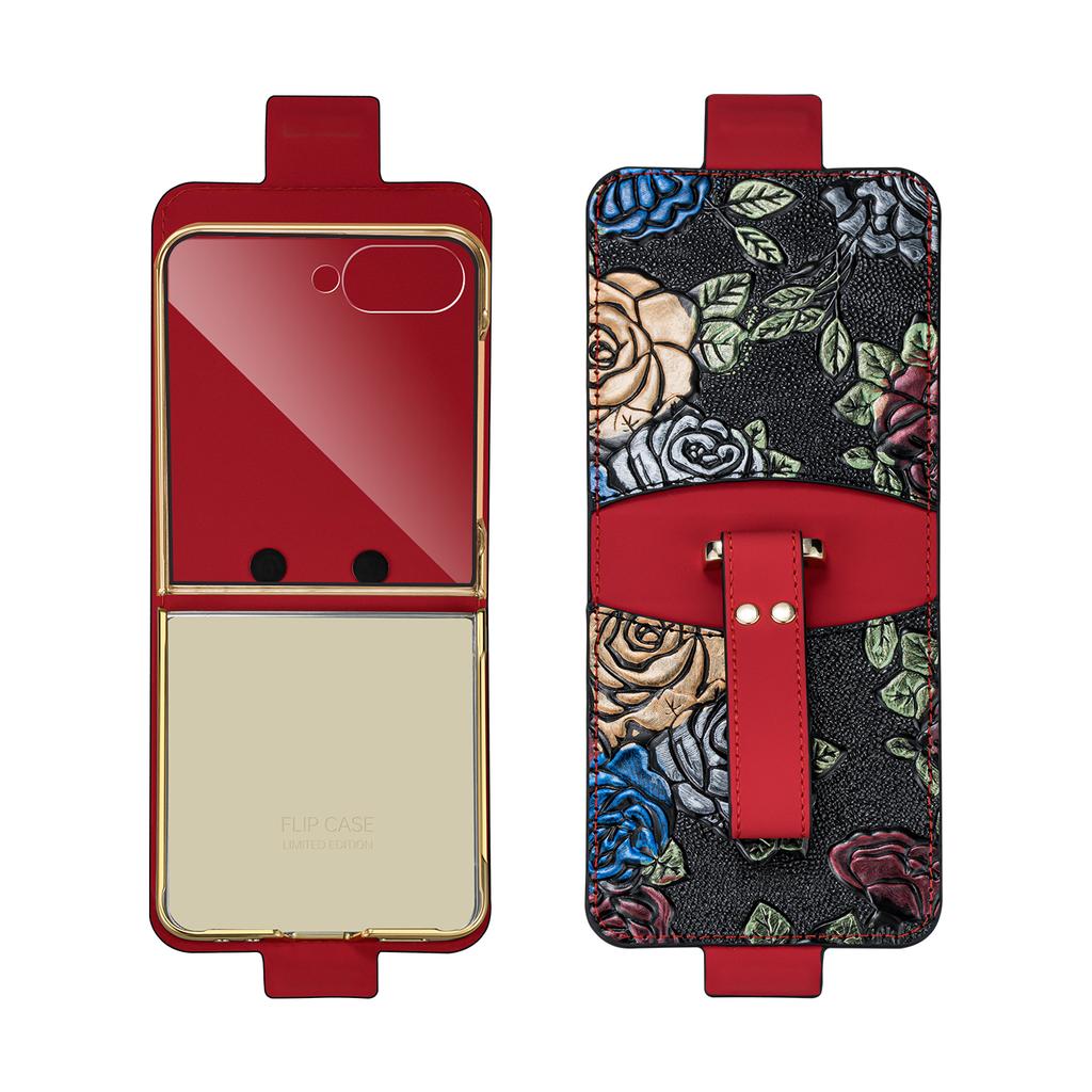 Kompatibel mit Galaxy Z Flip 7/6/5/4/3 Hülle mit Kartenfächern, 3D-Reliefmalerei PU-Leder Handyhülle mit Armband