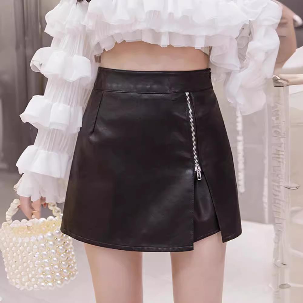 

2023 A/W Women s High Waist Irregular Black PU Leather Mini A-Line Bodycon Skirt L
