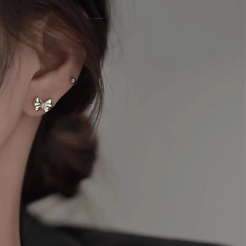 S925 Sterling Silver Diamond Bow Stud Earrings Women's Cute Student Commuter's All-Matching Graceful Earrings