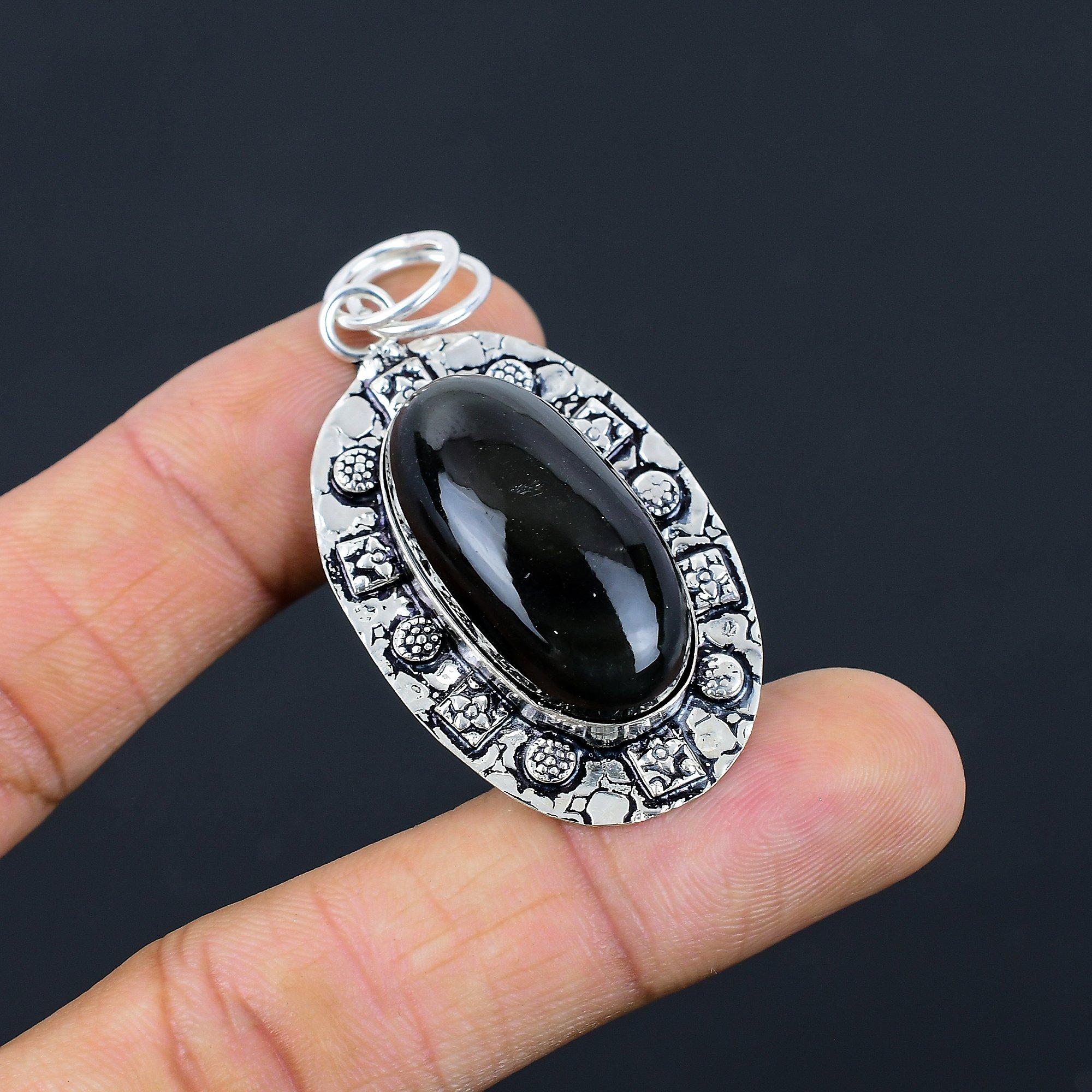 

Womens day Sale Oval Obsidian Eye Gemstone 925 Silver Art Deco Daughter Pendant
