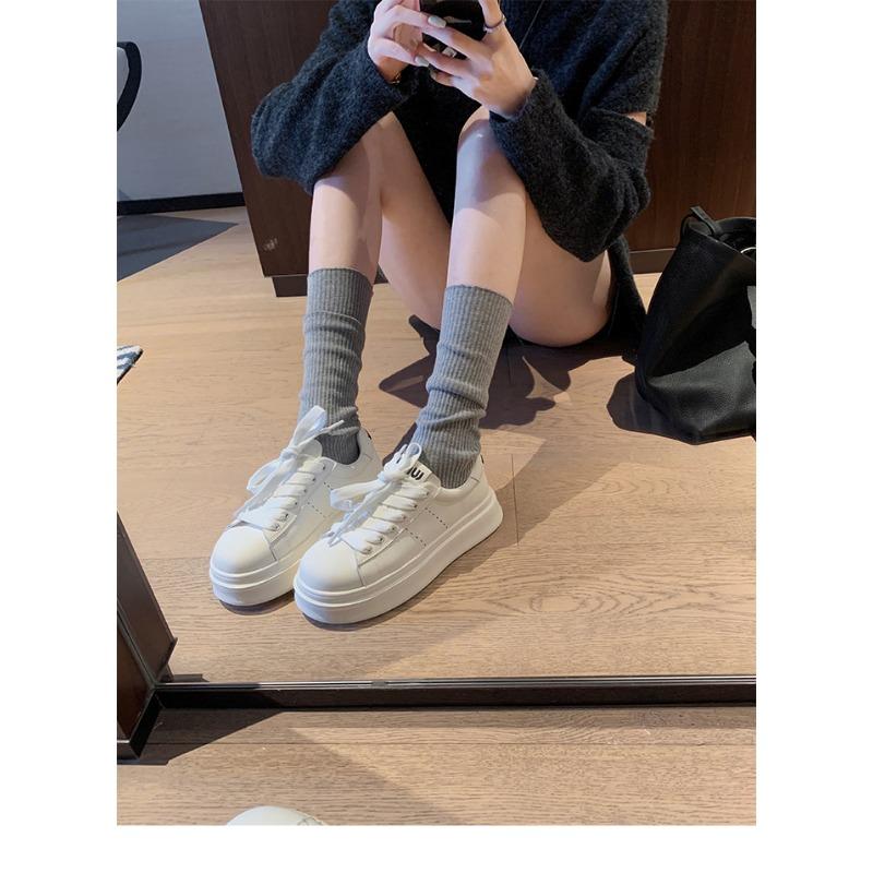 Cowhide version~ Classic round head thick sole heightening lace-up little white shoes college style versatile board shoes women