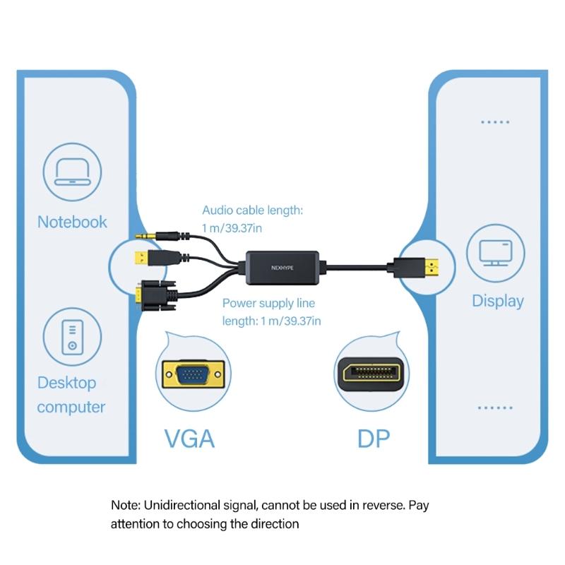 VGA To DP Adapter Cable Support Sound Transmission and 1080P Resolution for PC Laptop To TV Monitor