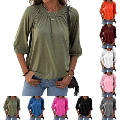 Damen Farbe Rundhals T-Shirt Hemd Halber Ärmel 3/4 Ärmel Lässig Locker Plissiert Basic Oberteile
