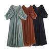 European and American autumn and winter new women's clothing temperament waist V-neck French casual solid color dress