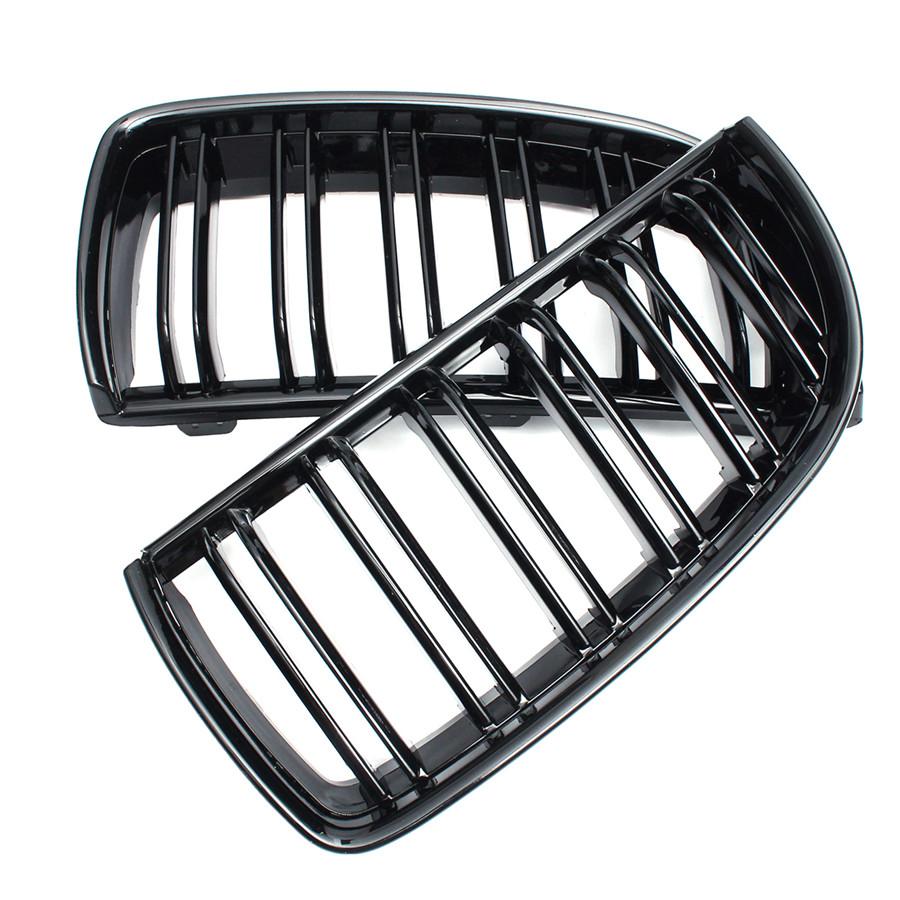 1 Pair Front Gloss Black 2 Line Double Slat Kidney Grille Grill For BMW E90 E91