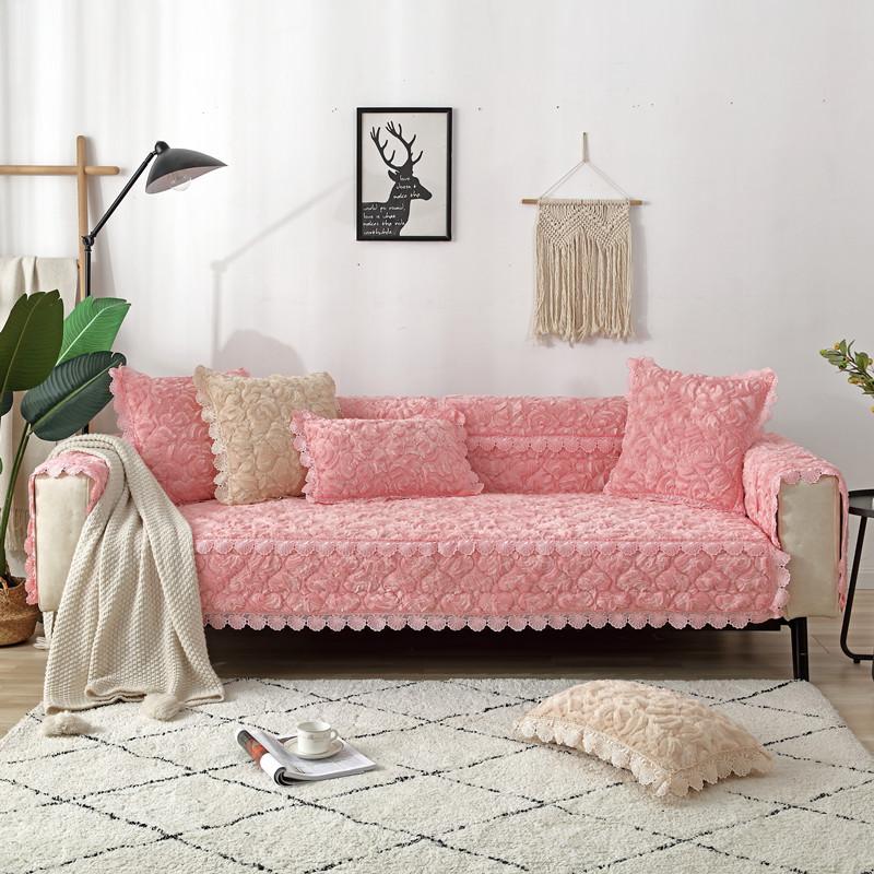 Modern Rose Plush Sofa Cover 5 Seater Solid Thickened Corner L Shape Leather Couch Slipcover Lace Armchair Furniture Protector