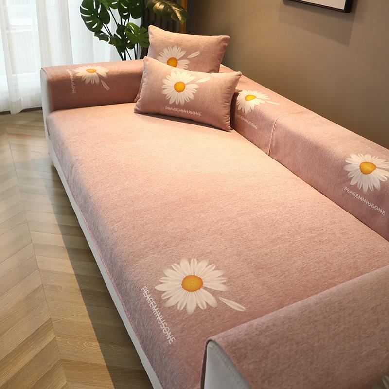Nordisches Sofa-Handtuch Vier Jahreszeiten Chrysanthemen-Druck Sofa-Kissen Chenille Rutschfest Leder Sofasea Bezug Tuch für Wohnzimmer