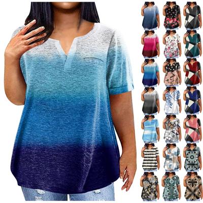 Camiseta grande feminina verão casual estampado com decote em v manga curta bolso top