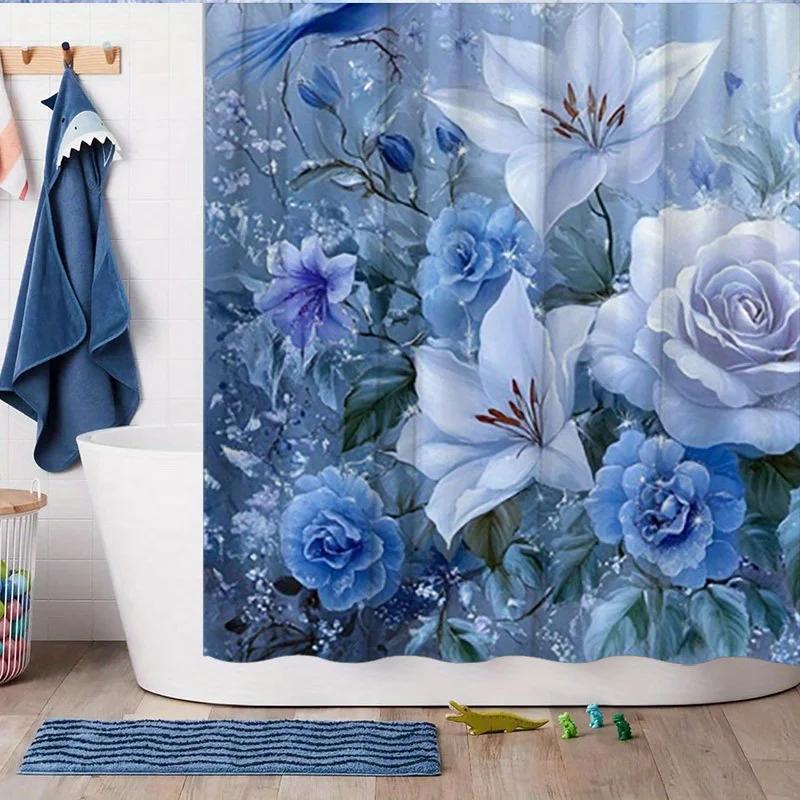 ~O~1 Stück Blaue Vögel & Lilien Duschvorhang - Vergissmeinnicht Design, Polyester, 180x180 cm, 12 Haken, Waschbar, Elegante Badezimmer-Dekoration