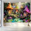 2D Fairy Tale Mushroom Village Tapestry, Colorful Houses with Pond & Flowers Wall Hanging, Fantasy Backdrop