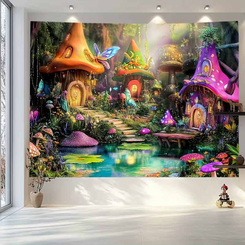 2D Fairy Tale Mushroom Village Tapestry, Colorful Houses with Pond & Flowers Wall Hanging, Fantasy Backdrop