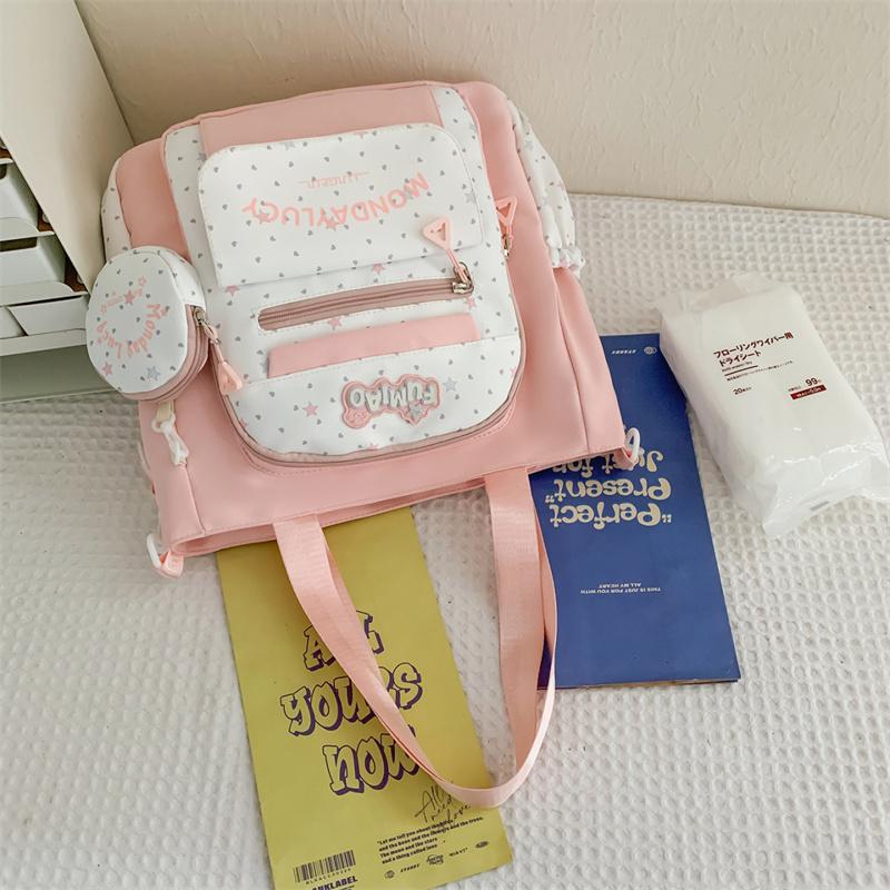 Women's Shoulder Bag Color Block Large Capacity Tote Bag Student Book Bag with Coin Purse