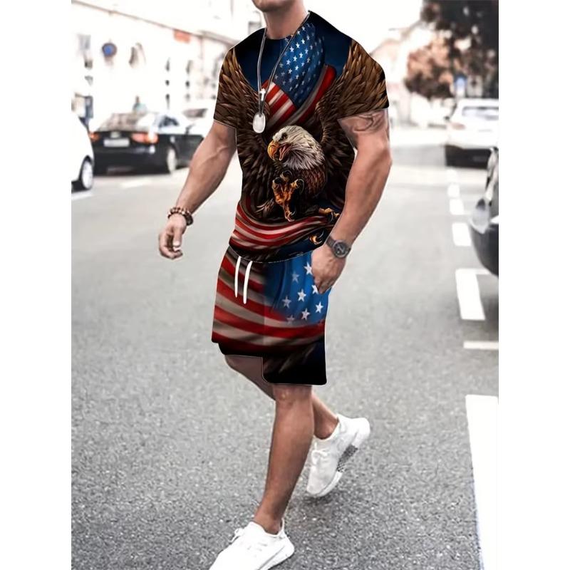 Summer Men's Lion Printed Pattern Short Sleeve Round Neck Breathable T Shirt Shorts Suit New Men's Temperament Streetwear Suit