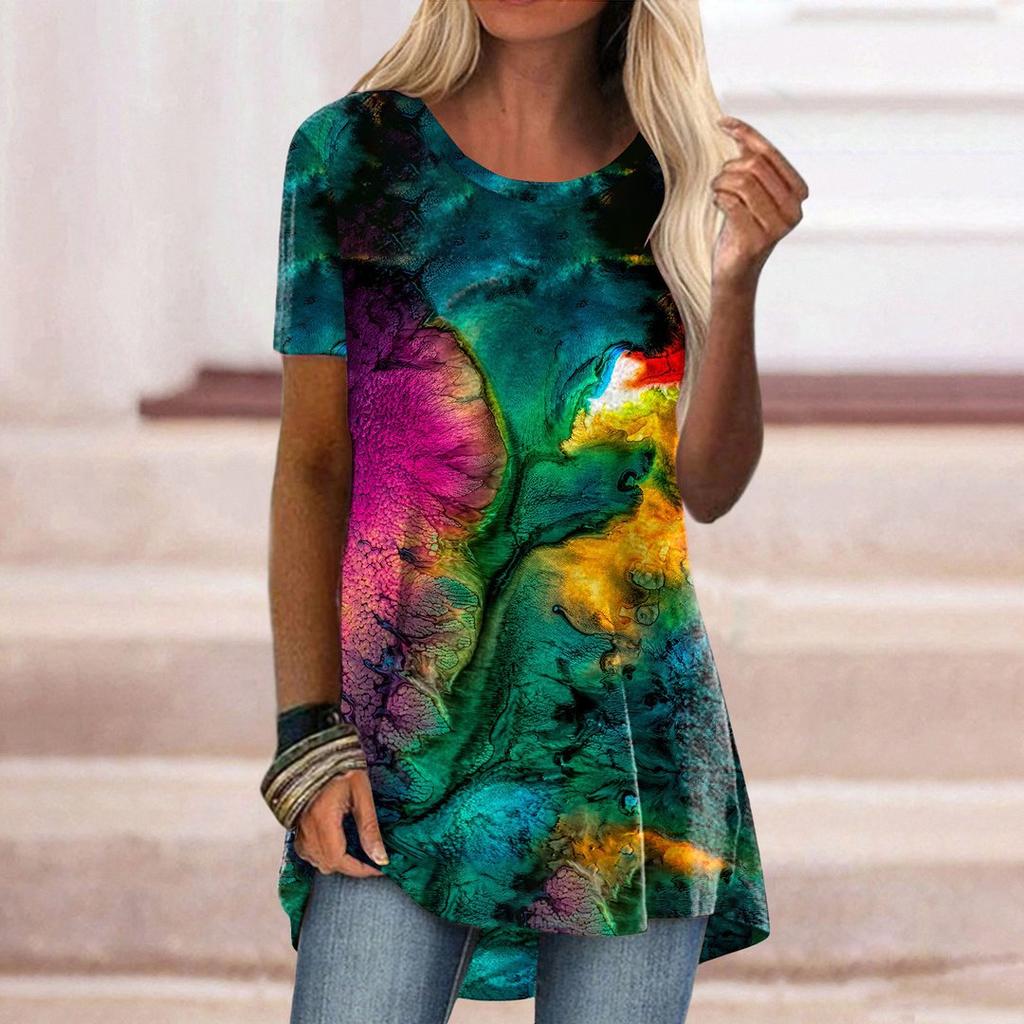 Women's Round Neck Short Sleeve Geometric Print Tunic Top Casual Asymmetrical Hem Blouse