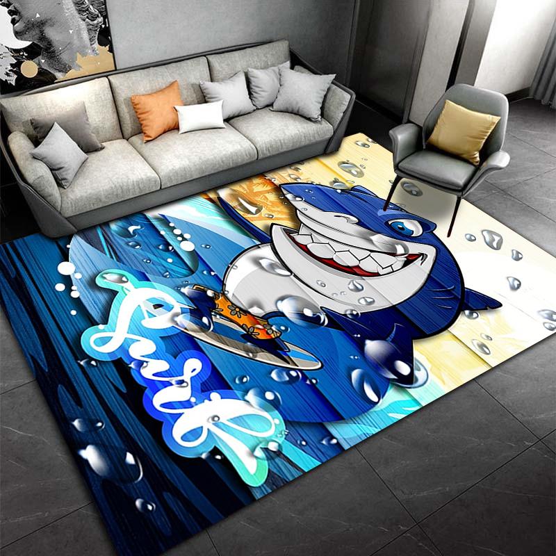 Blue Cartoon Shark Surfing Theme Carpet with Ocean Wave Design Suitable for use as an anti-slip for living room bedroom sofas