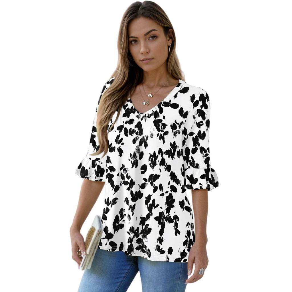 Women's Casual 3/4 Sleeve Tops V-Neck Sleeve T-Shirt Floral Print Tops