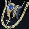 Luxury 4Pcs/Set Fully Iced Out Hip Hop Cross Cuban Chain Pendant Necklace Bracelet Quartz Watch for Men Women Jewelry