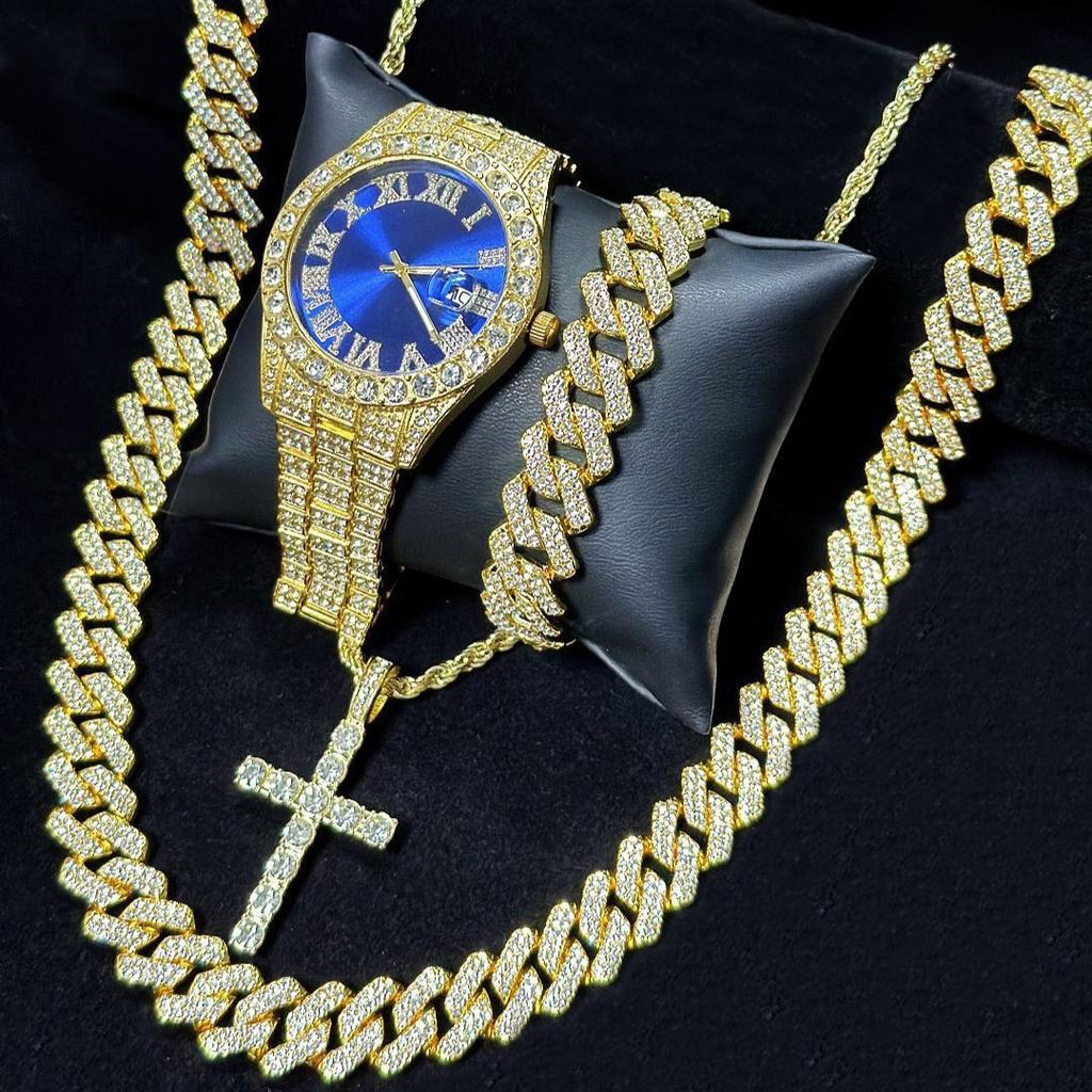Luxury 4Pcs/Set Fully Iced Out Hip Hop Cross Cuban Chain Pendant Necklace Bracelet Quartz Watch for Men Women Jewelry