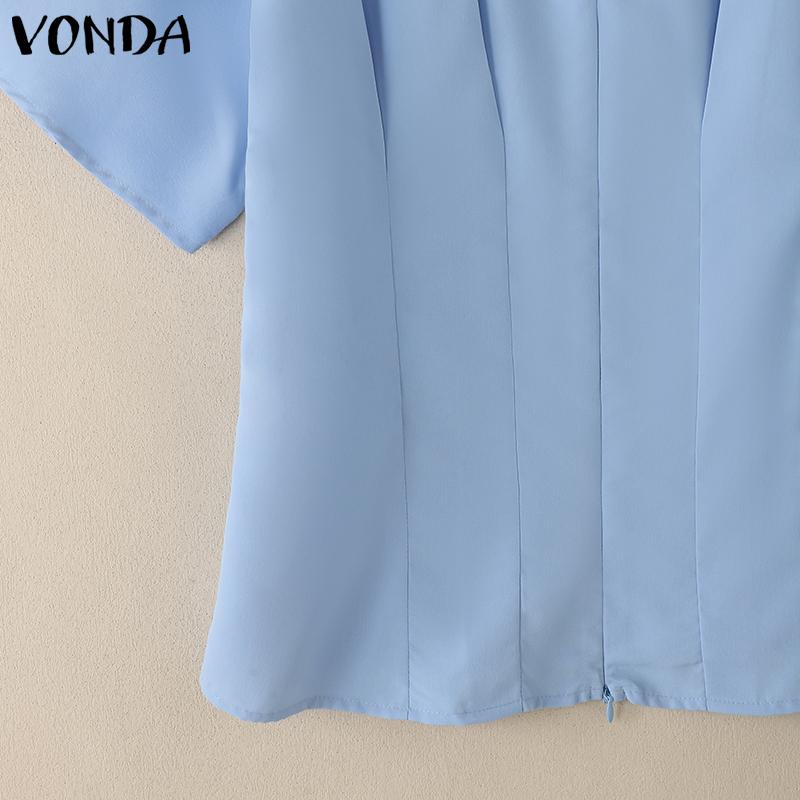 VONDA Women Girls V Collar Short Sleeve Ruffled Slim Waist Casual Blouse
