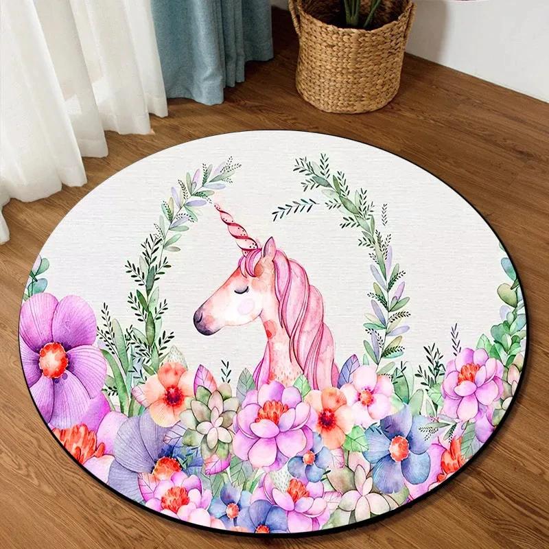 Cute Cartoon Unicorn Round Carpet Non-slip Rug for Office Living Room Bedroom Decor Soft Play Floor Mat Bathroom Kitchen Doormat
