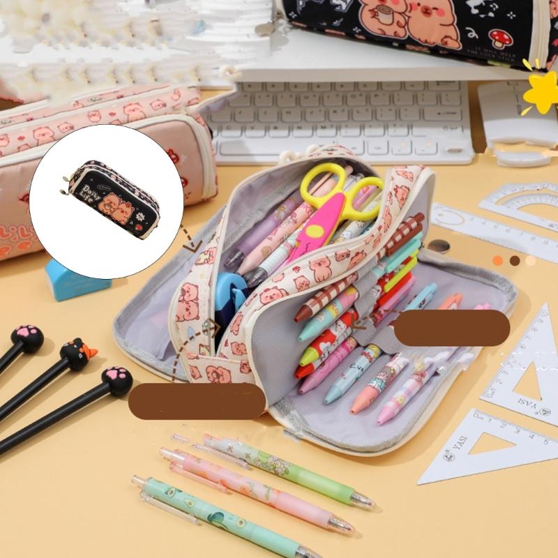 Cartoon Pencil Case Multi Compartments Canvas Pencils Bag Portable Pen Organiser Travel Cosmetic Bag for Student Women