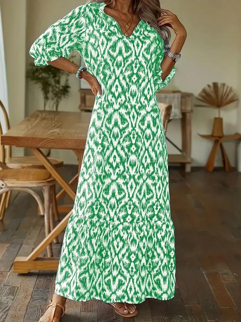 European and American Independent Station Autumn and Winter Fashionista Casual Sweet Loose V-Neck Printed Medium Sleeve Long Dress