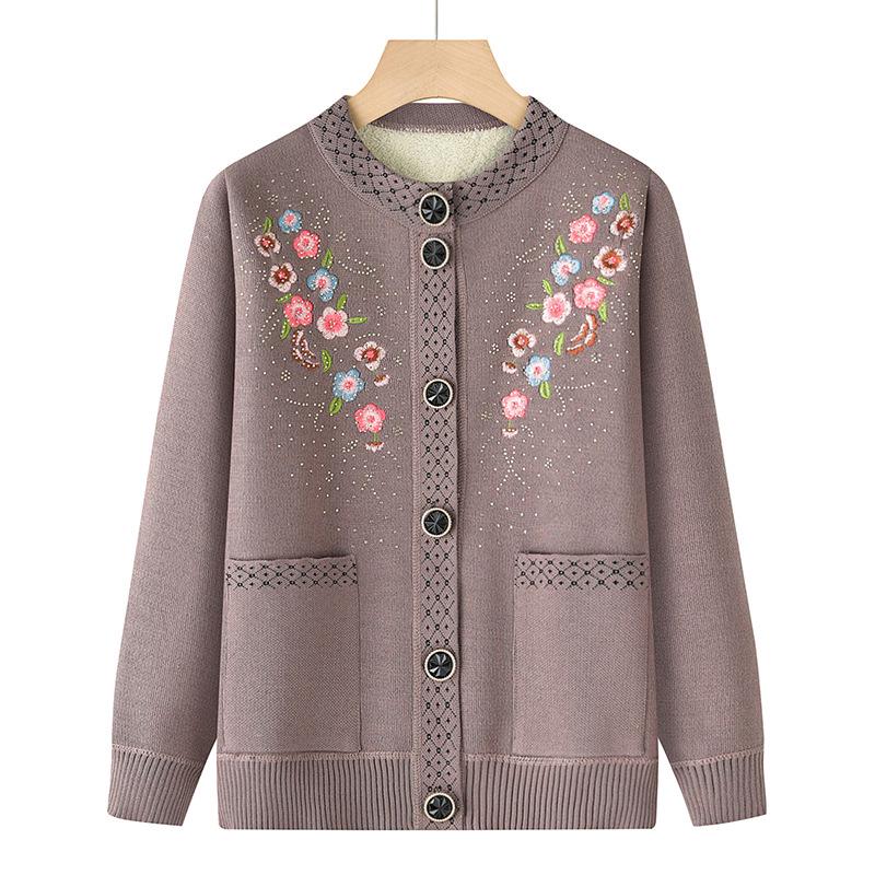 Embroidered Velvet Cardigan for Middle-aged & Elderly Women - Cozy Winter Sweater