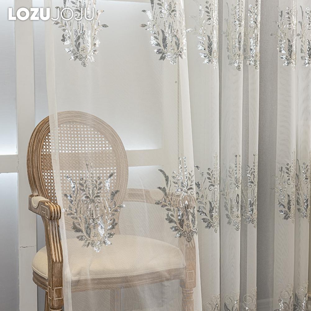 1PC European Transparent Luxury Handmade Pearl Embroidered Sheer Curtains for Living Room Bedroom Home Decor LOZUJOJU