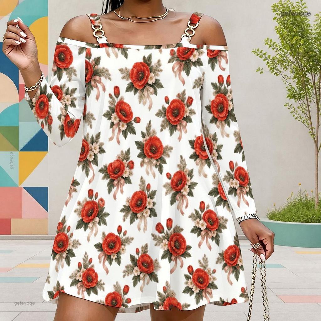 Women Plus Size White Floral Printed Cold Shoulder Long Sleeve Dress