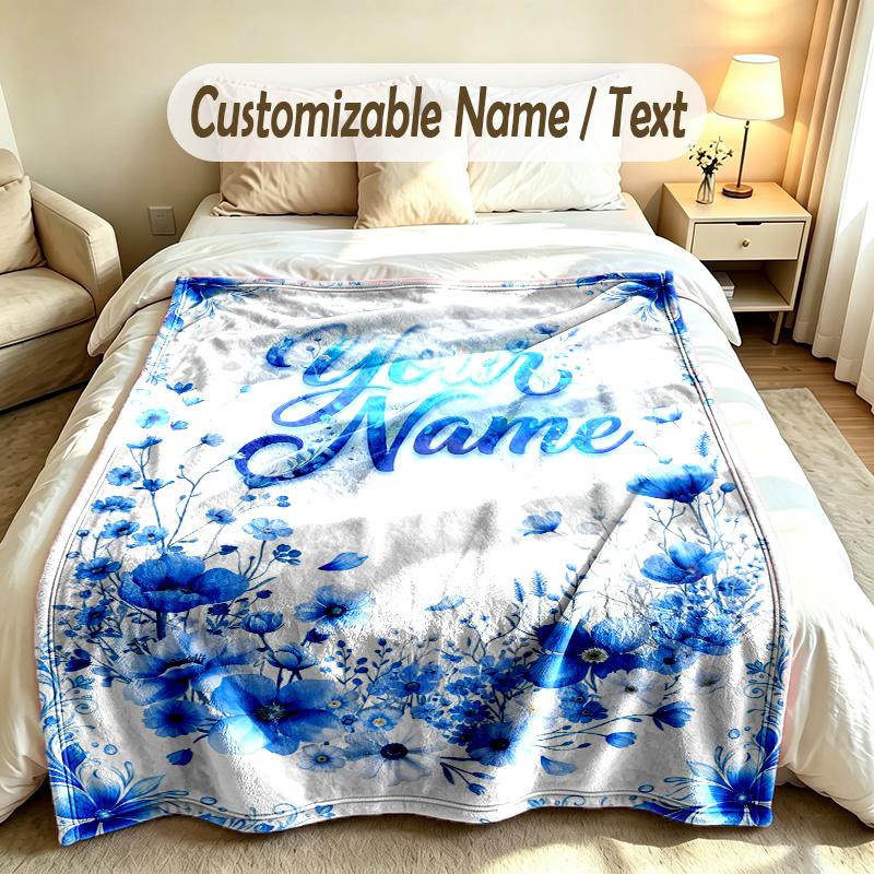 Floral Garden Theme Soft Blanket Personalized Custom Name Text Print Warm Blanket Home Sofa Bedroom Decor