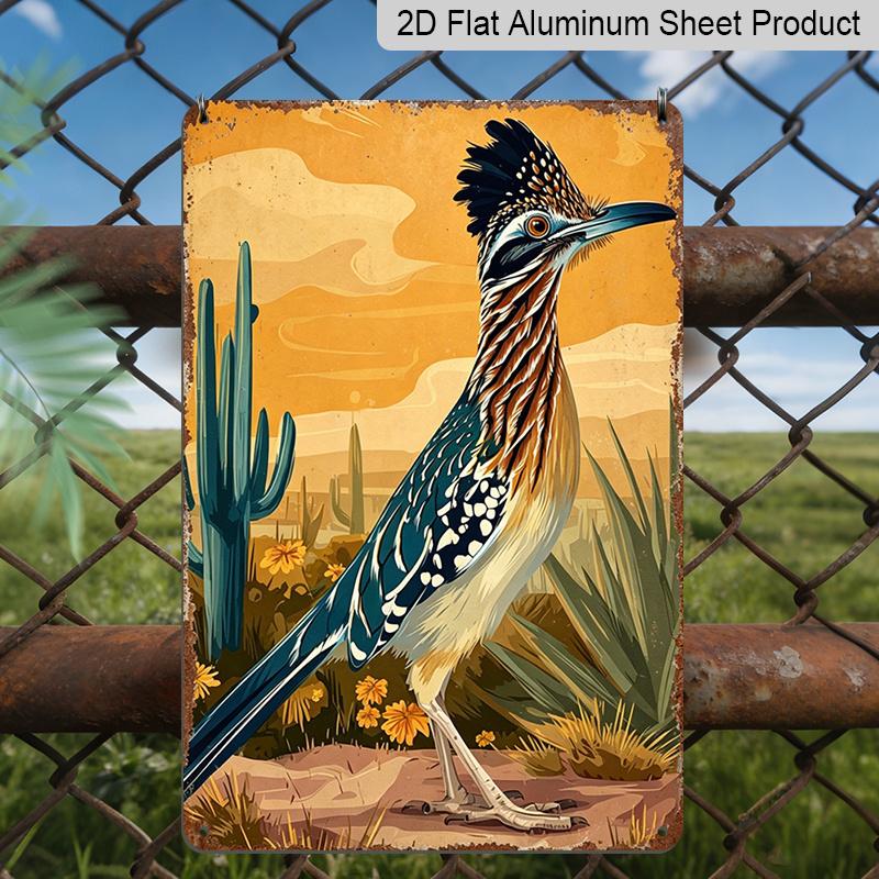 2D Flat - Roadrunner & Saguaro Cactus Desert Aluminum Sign Southwestern Wall Decor, Southwestern Style Living Room, Desert Themed Home Decor, Rustic 20*30cm