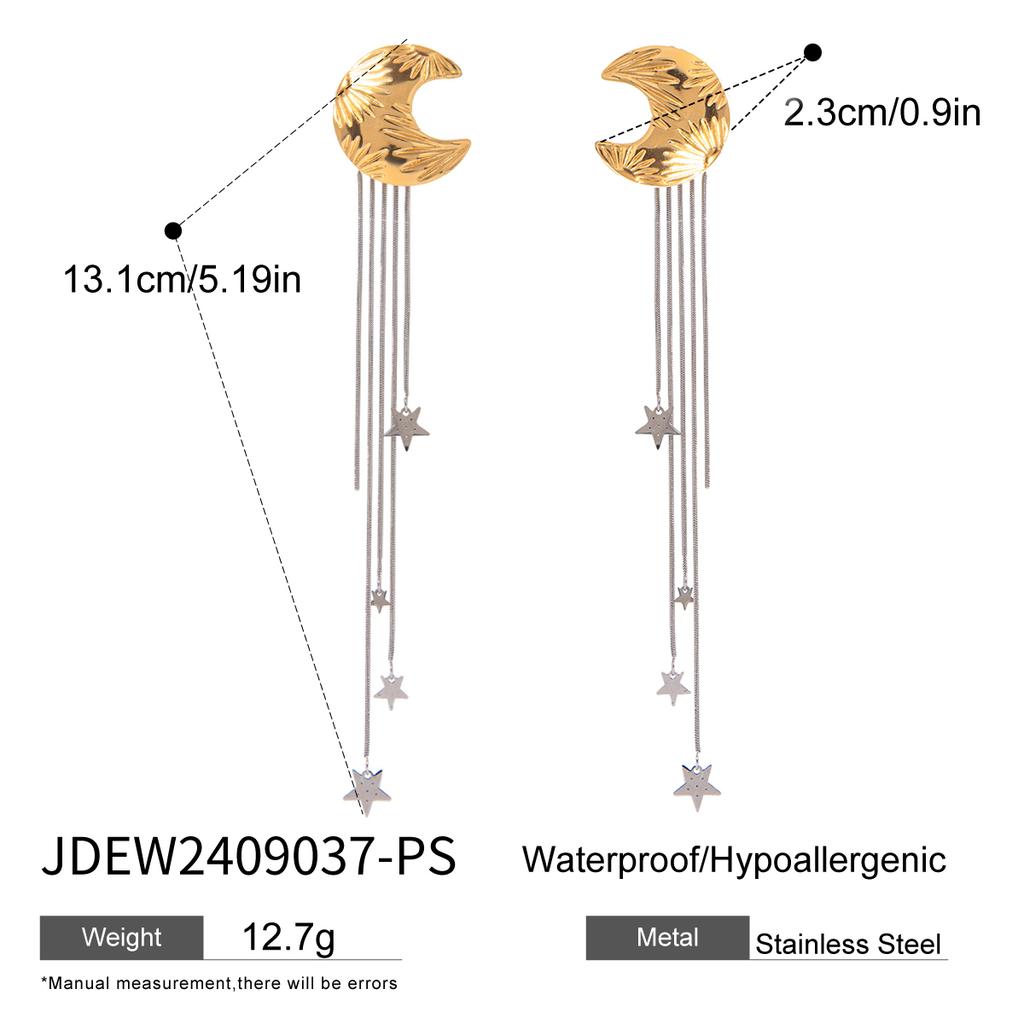 Youthway Stainless Steel Gold& Color Star Moon Patterned Long Tassel Earrings For Women Trendy Anti Allergic Jewelry Gift