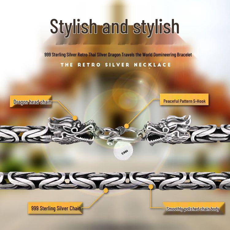 Men's Retro Thai Dragon Bracelet - Distressed Silver, Dragon Head & Bone Chain, Hip-Hop Style