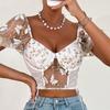 Women Sexy Lingerie Lace Tops Elegant Flower Puff Sleeve Sweetheart Neck Bodycon Blouse Fashion Versatile Street Tops