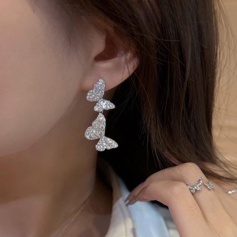 Silver Butterfly Diamond Stud Earrings, 2025 Elegant Light Luxury High-End Jewelry