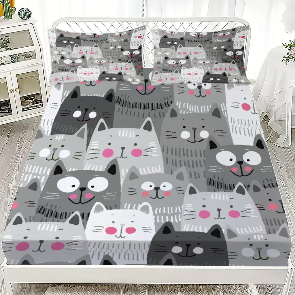 3pcs Black And White Cats Fitted Sheet Sets Cartoon Cat Pattern 3D Printed 100%  Polyester Flat Sheet With 2 Pillowcases