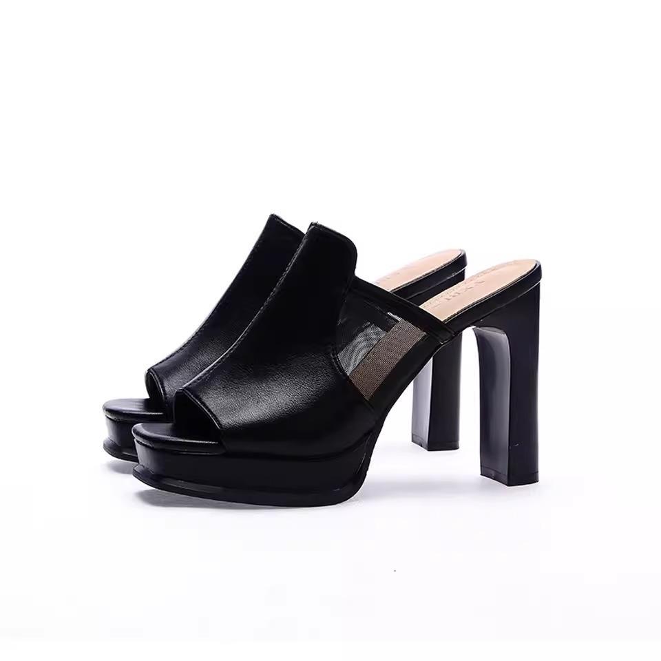 European and American fish mouth super high heels women's black summer 2025 new splicing mesh thick heel cool slippers outer wear